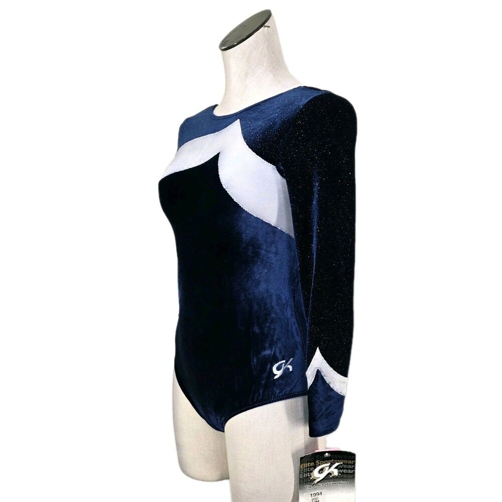 GK Elite VTG Sparkle Competition LS Blue Velvet Inset Gymnastics Leotard Size AM